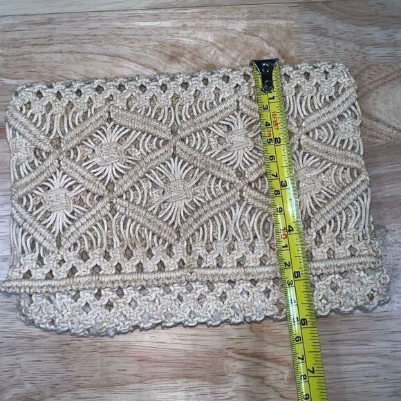 Macrame Crochet Clutch Mini Bag in Natural Beige Fold over Flap, Zip Top Closure - Picture 3 of 11